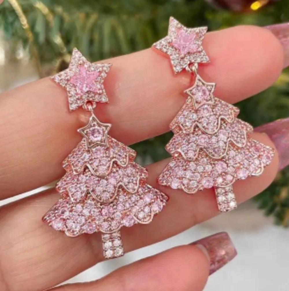 Pink Star Rhinestone Christmas Tree Dangle Earrings
